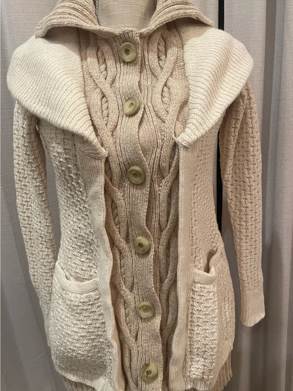 Anthropologie Sleeping On Snow Cable Knit Shawl-Collar Button SweaterCoat